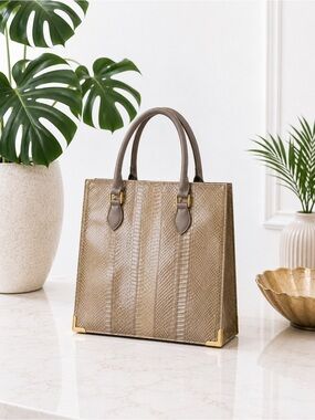 Neutral Snakeskin Structured Tote | Vintage Top Handle Exotic Bag - Quiet Luxury